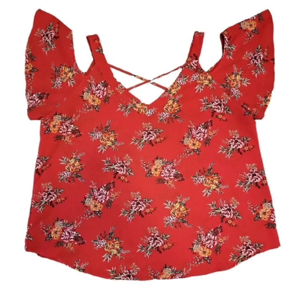 EC FLOWER & FEATHER COLD SHOULDER FLORAL BLOUSE SZ.2XL